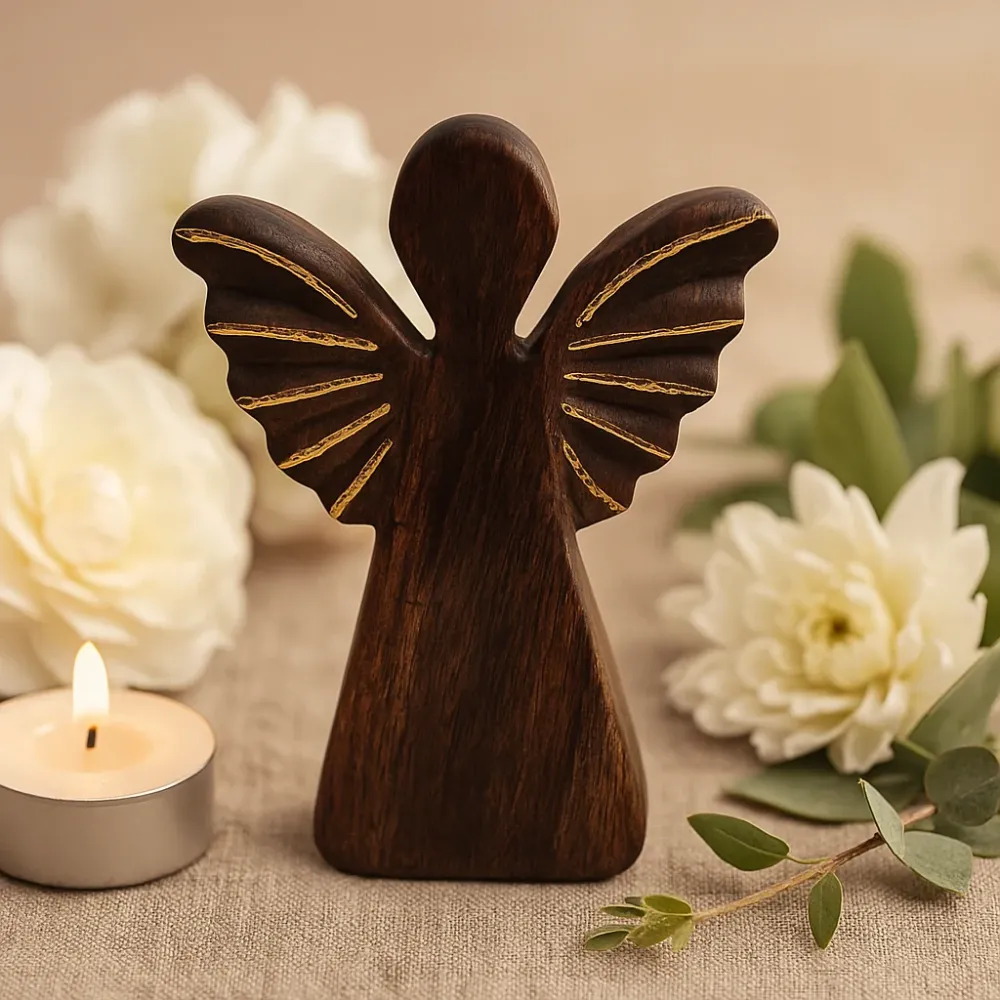 Figurină Înger Medie din Lemn de Mango Sculptată Manual, Accente Aurii