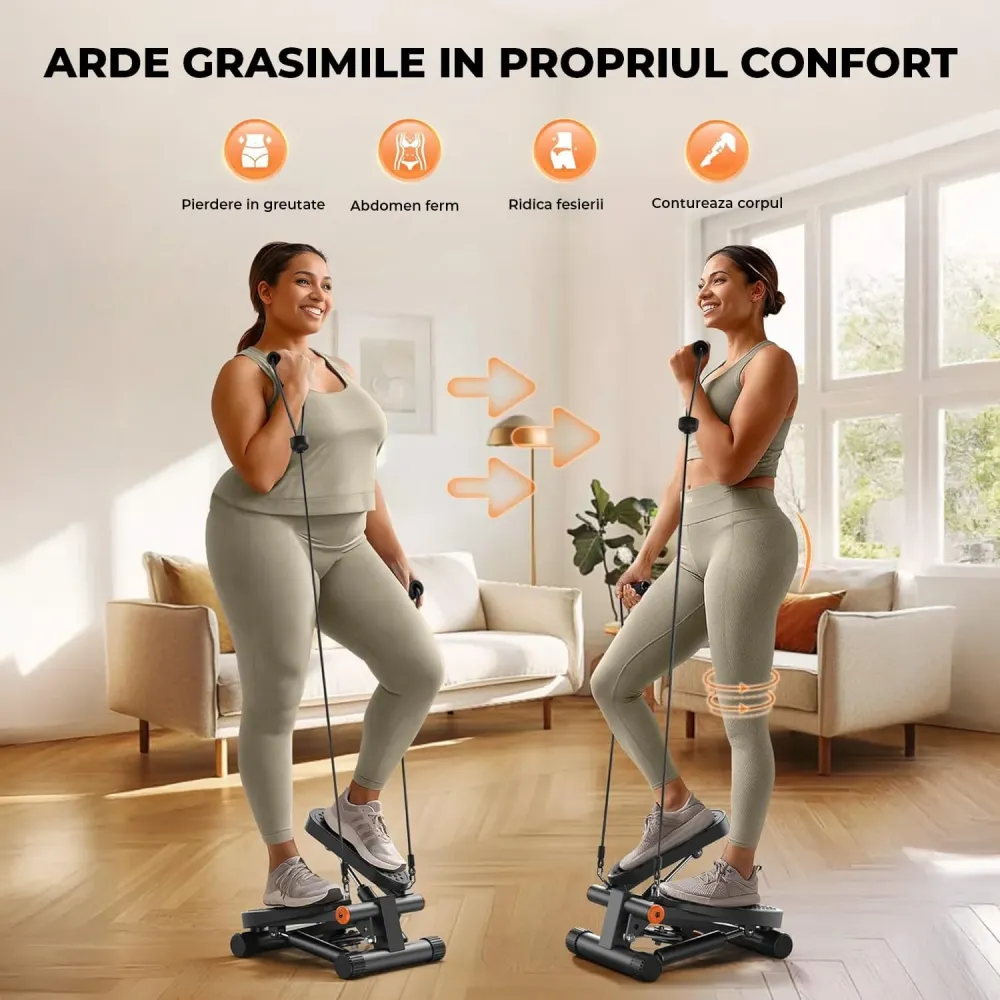 Stepper Compact Elindor® cu Benzi Fitness, Rezistență Hidraulică, Negru