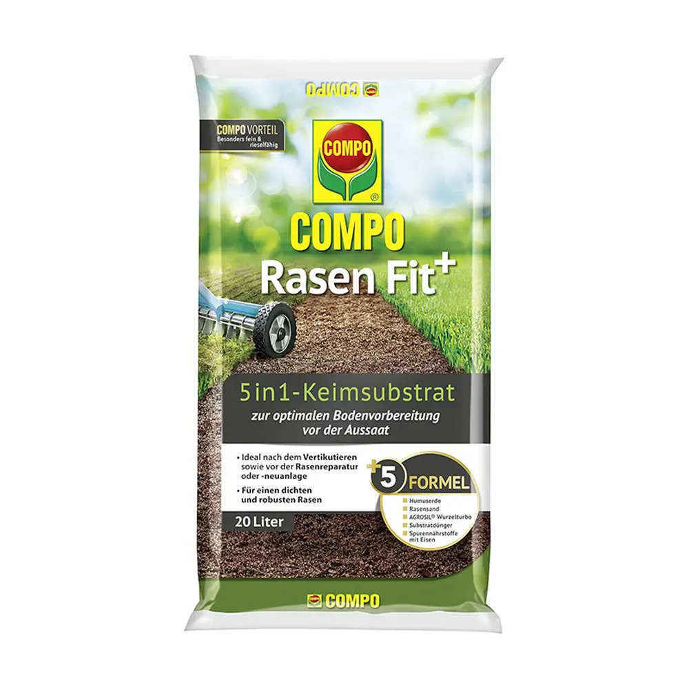 Substrat regenerare gazon COMPO Rasen Fit+ 5 1, 20 L pentru 10 mp, sol imbunatatit si germinare accelerata dupa scarificar...