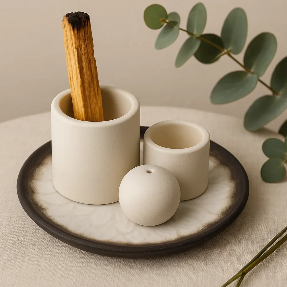 Suport ceramic pentru tămâie Palo Santo, alb-gri