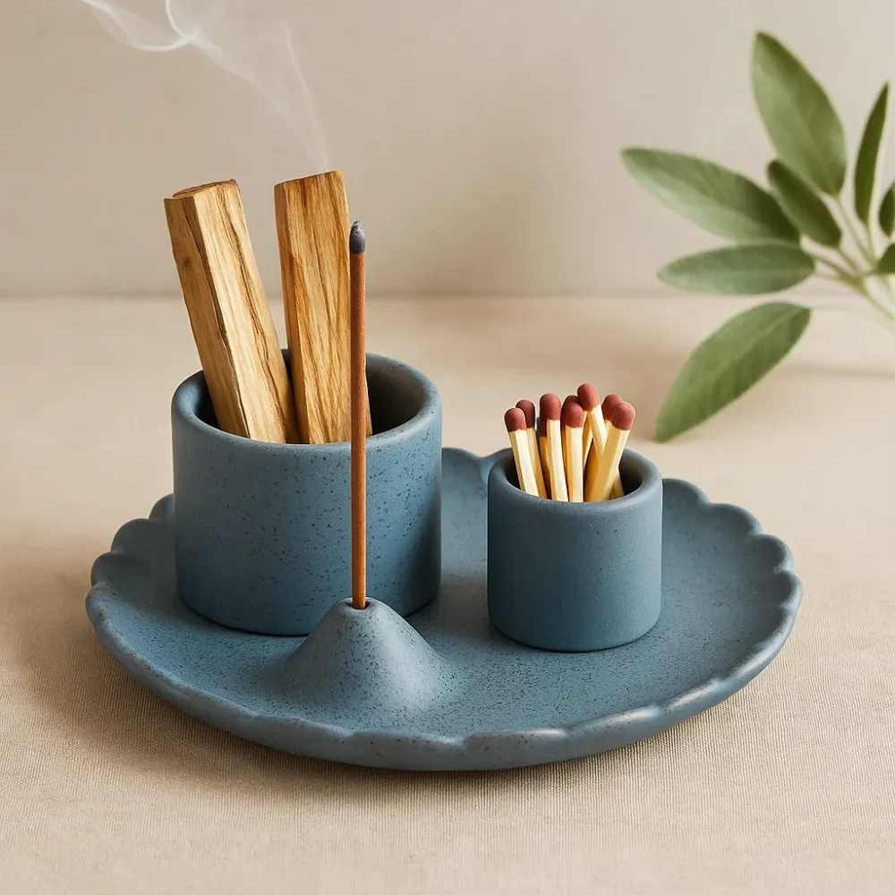 Suport pentru tămâie Palo Santo și salvie, ceramică albastră în formă de lotus