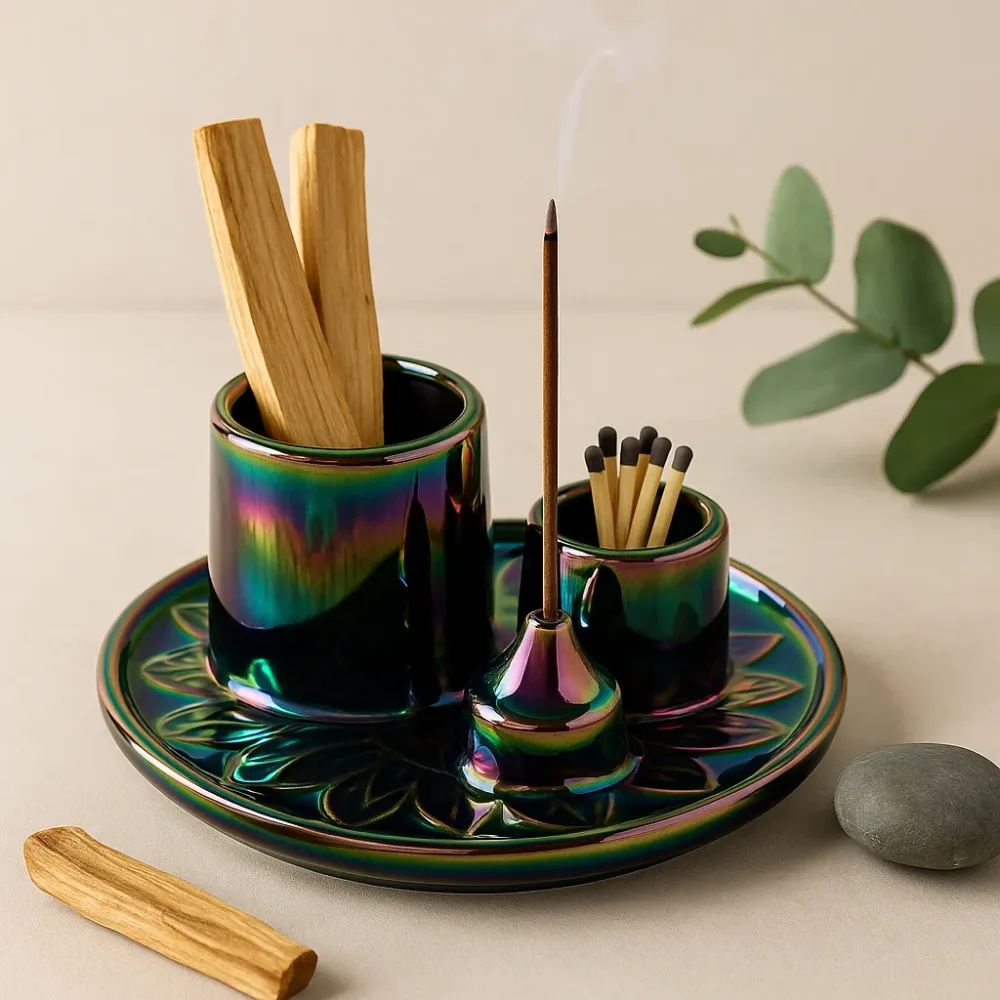 Suport pentru tămâie Palo Santo cu smudge, ceramică irizată cu mandală