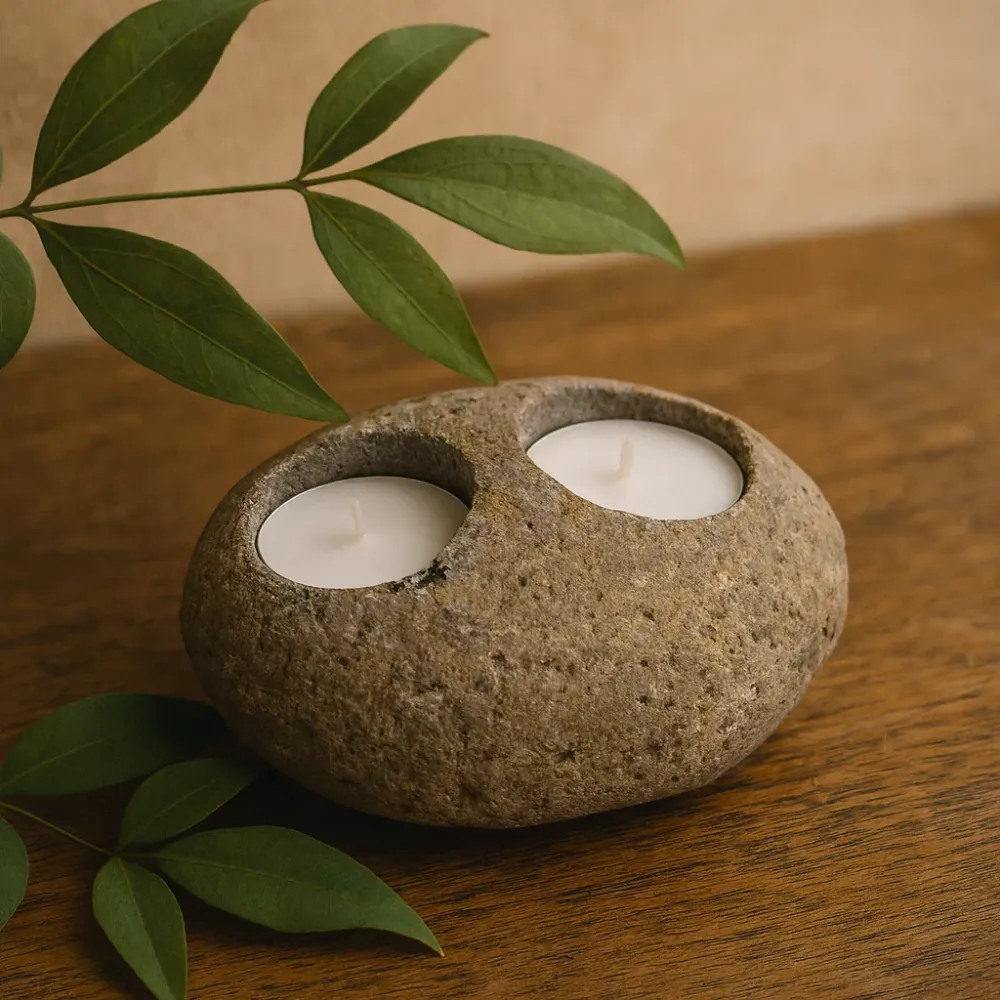 Suport natural pentru lumânări tip tealight din piatră de râu dublu