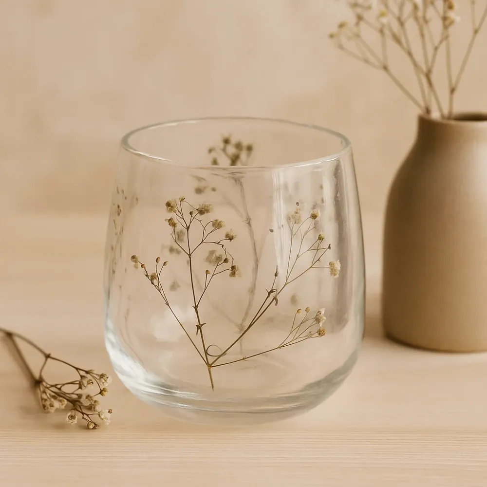 Suport pentru lumânare din sticlă reciclată presată cu flori 12x11cm