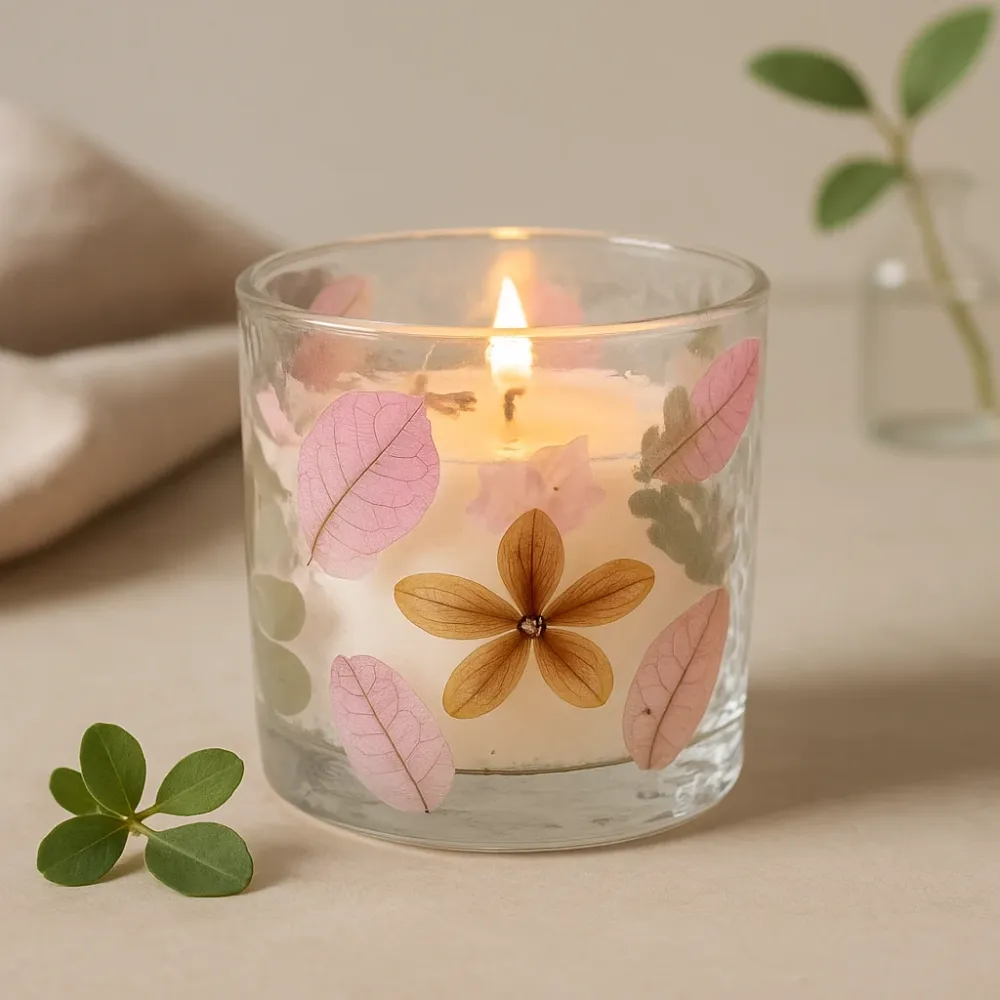 Suport pentru lumânare mică din sticlă cu flori presate Primavera 8x8cm