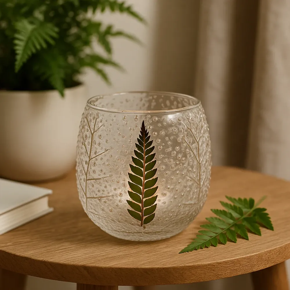 Suport pentru lumânare tealight din sticlă texturată cu model de ferigă 10x9cm