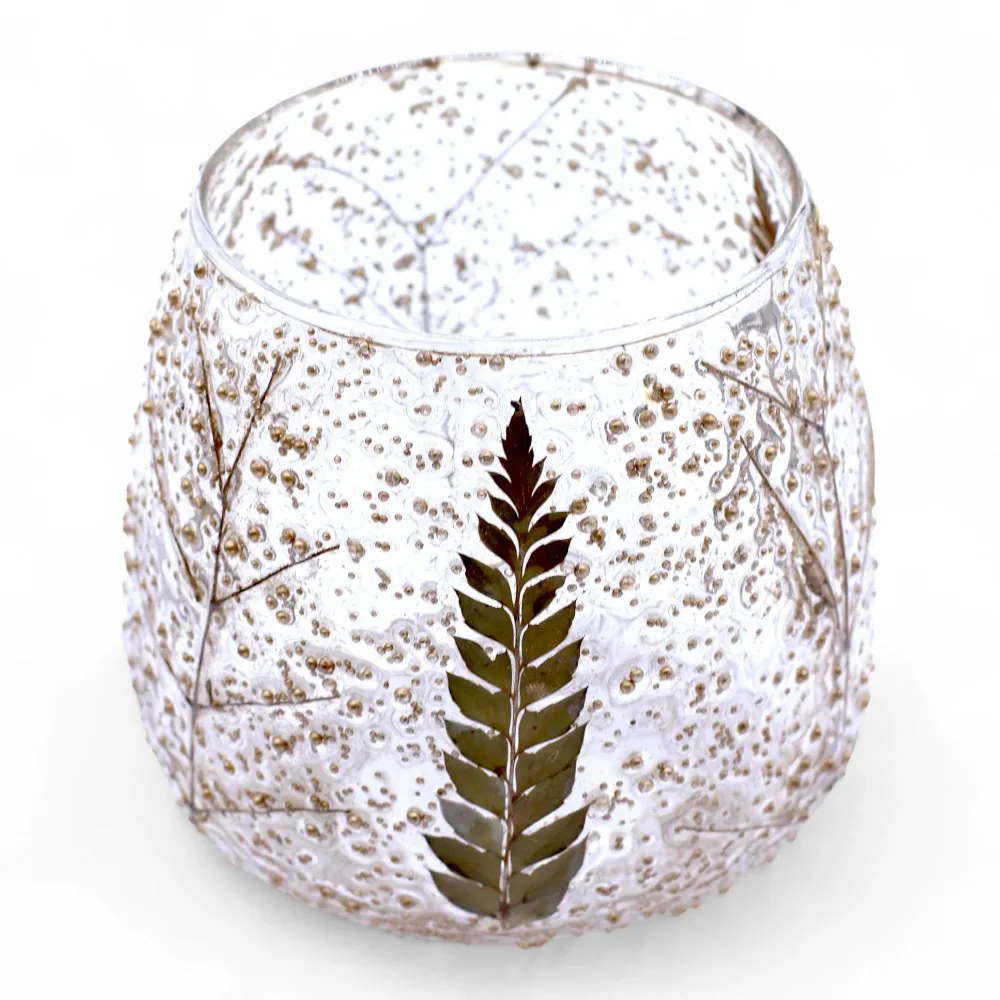 Suport pentru lumânare tealight din sticlă texturată cu model de ferigă 10x9cm