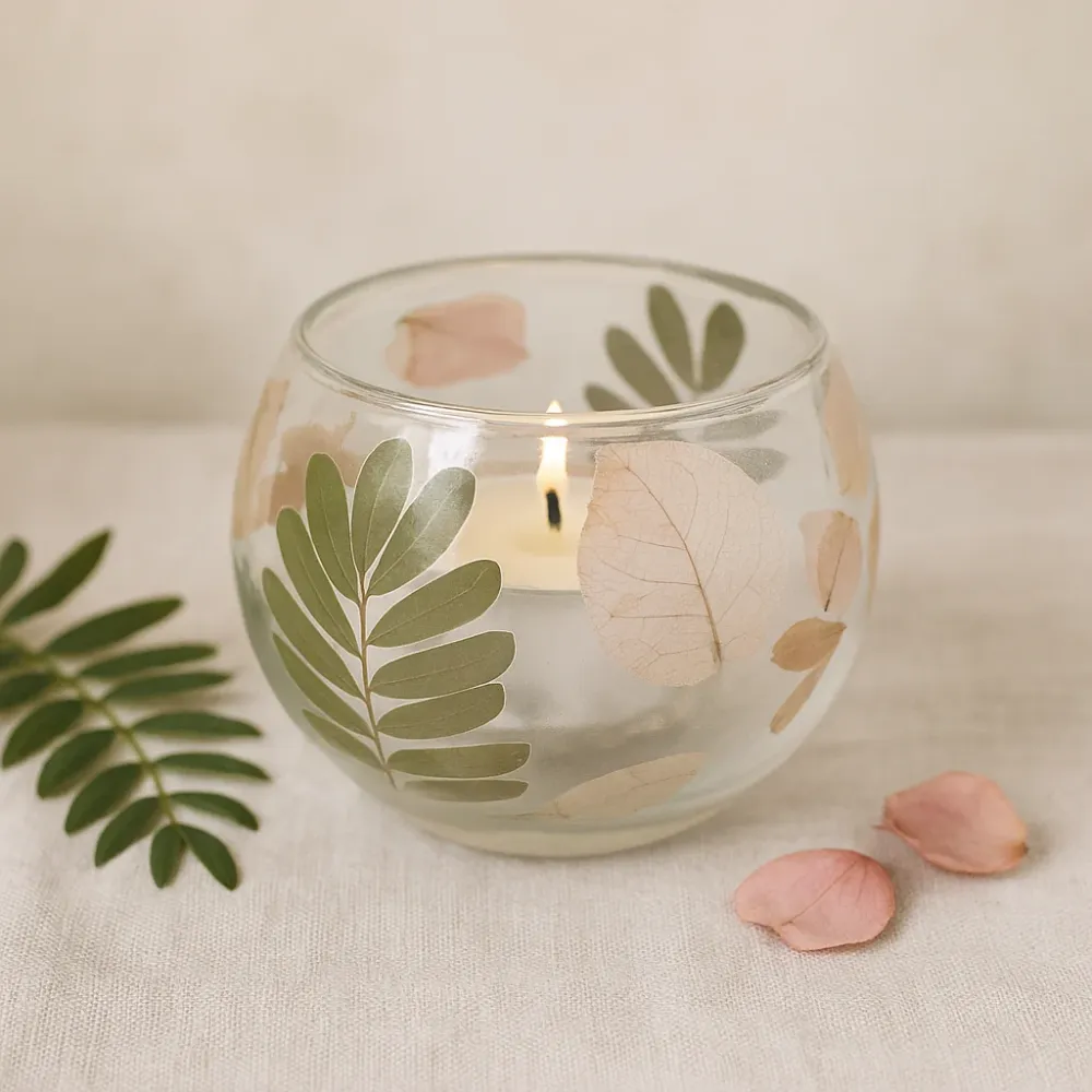 Suport pentru lumânare tip tealight din sticlă reciclată cu flori presate Primavera