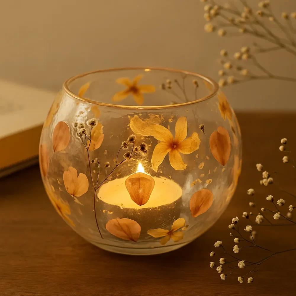 Suport pentru lumânare tip tealight din sticlă reciclată cu flori presate 12x13cm