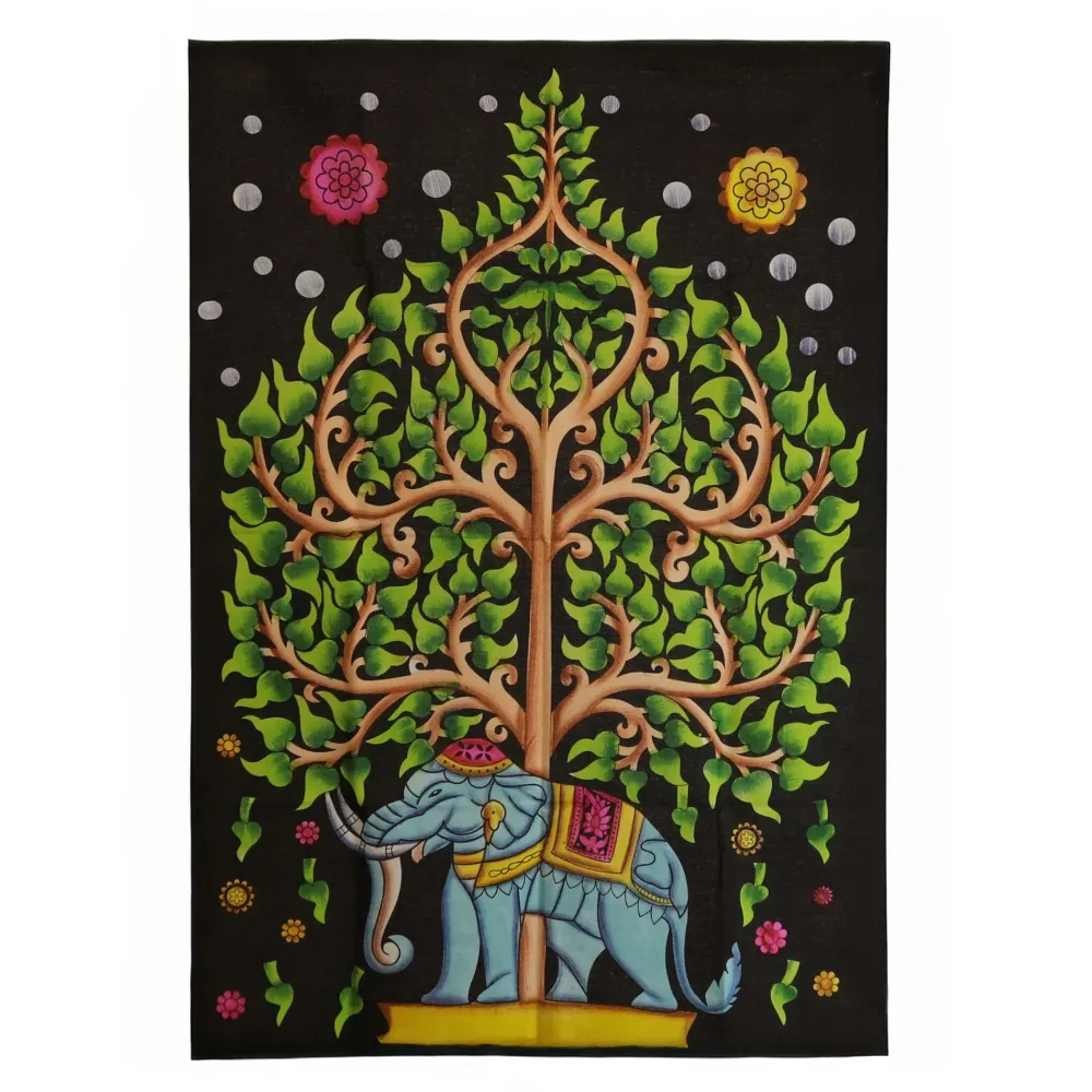 Artă de perete din bumbac (70x110cm) – Elefant și Arborele Vieții