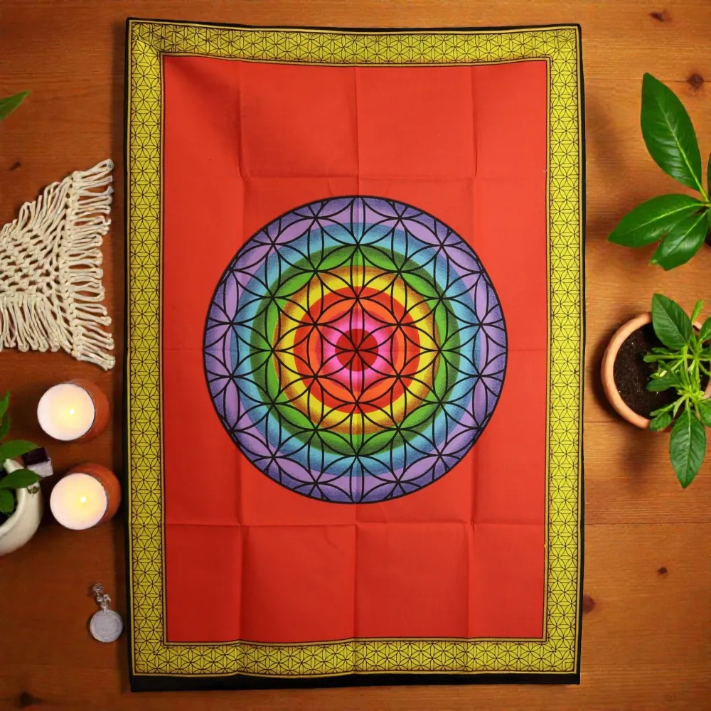 Artă de perete din bumbac (70x110cm) – Floarea Vieții Curcubeu