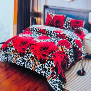 Lenjerie de Pat Cocolino 4 Piese – Sky Home – Model Trandafiri Rosii & Animal Print – Cu Cearceaf cu Elastic