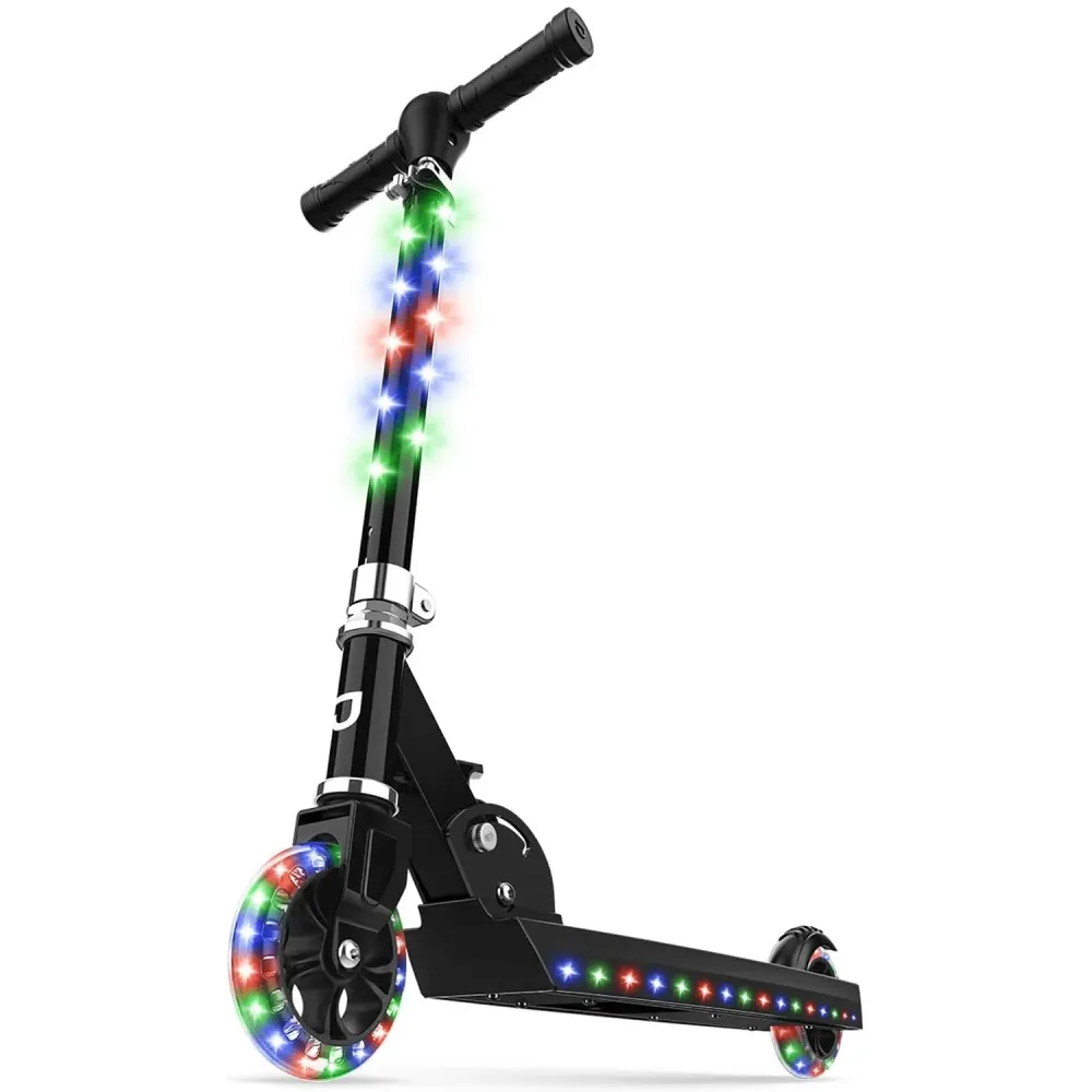 Trotinetă cu Lumini LED Elindor® pentru Copii, Pliabilă și Reglabilă, Neagră