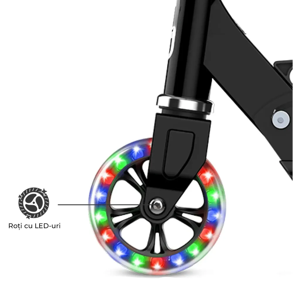 Trotinetă cu Lumini LED Elindor® pentru Copii, Pliabilă și Reglabilă, Neagră