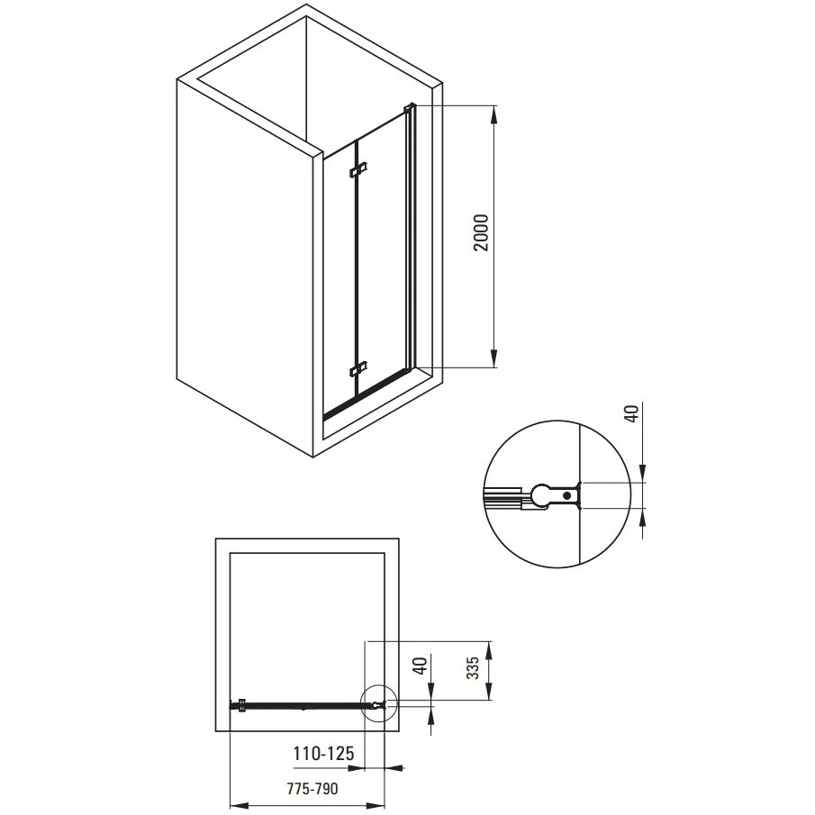 Usa dus plianta Deante Kerria Plus 80xH200 cm, montaj nisa, profil negru
