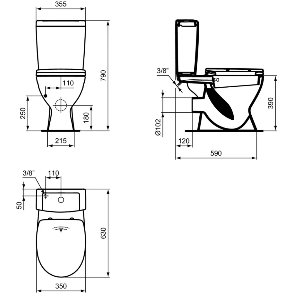 Set Vas WC cu bideu pe pardoseala cu rezervor aparent si capac Ideal Standard Eurovit 35x63 cm evacuare orizontala