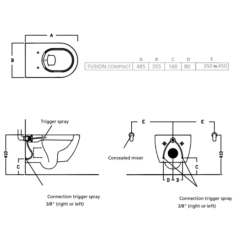 Vas WC cu bideu suspendat Hatria Fusion Compact Rimless 36x49 cm evacuare orizontala