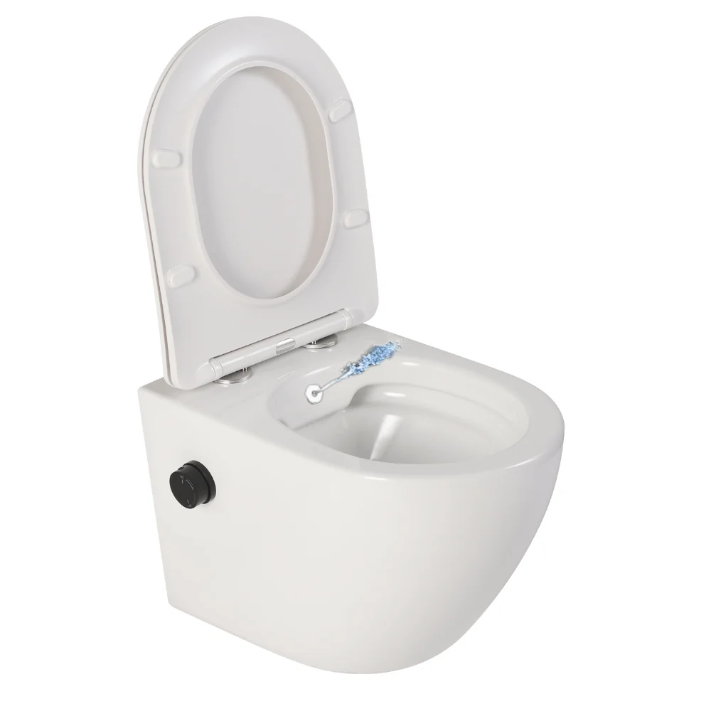 Vas wc suspendat, cu functie bideu, semirotund, rimless, apă calda/rece, capac soft close, baterie negru mat Foglia Oslo